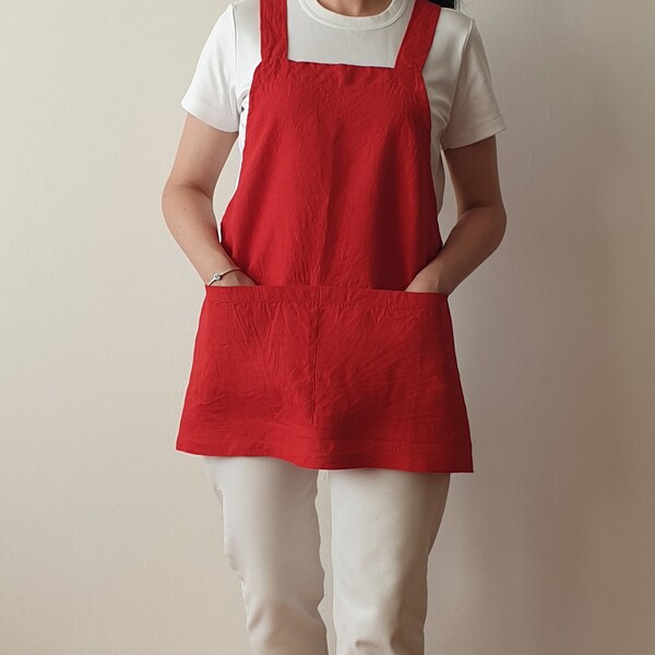LINEN no ties APRON, XL Größe/ gekreuzte Schürze für Frauen/ japanischer Stil/ kurze Schürze in Rot/ weiches Leinen