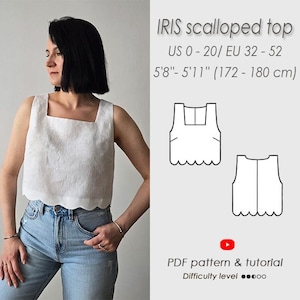 May include: A woman in a white, scalloped-hem top with a square neckline and light blue jeans. The image includes a line drawing of the top and text that reads "IRIS scalloped top" and "EU 32 - 52". The height range is 172-180 cm.