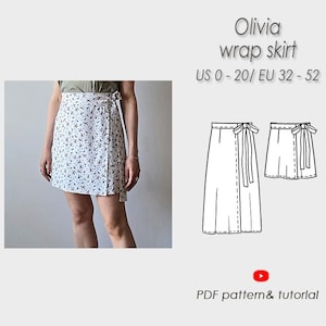 Wrap skirt Sewing Pattern| Mini and Midi length| A-line skirt PDF pattern in 11 sizes/ printable sewing pattern| Easy to sew| Olivia