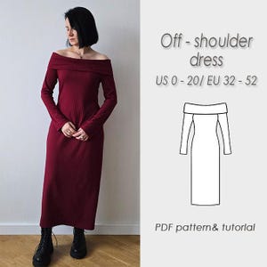 Off shoulder Dress Sewing Pattern/ Long sleeve maxi dress PDF Sewing Digital Pattern for women/ slim fit evening dress/ ANDREA
