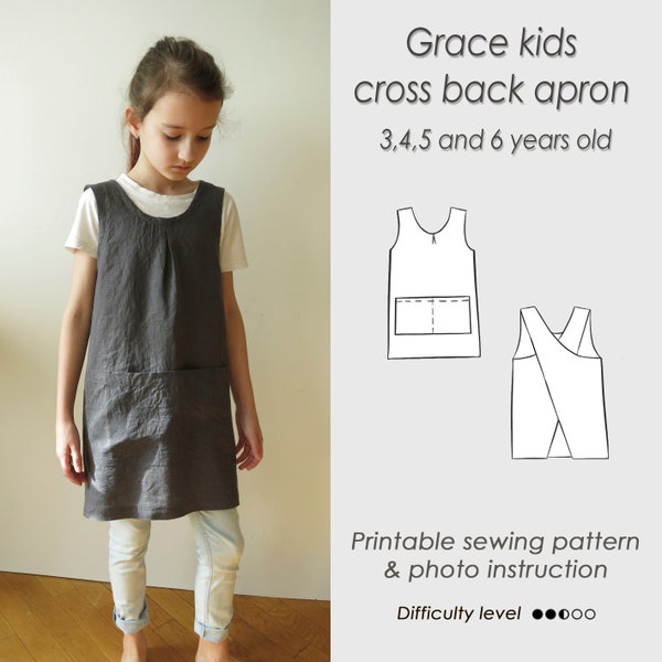 Kids apron PDF for 3, 4, 5 and 6 years old/ Sewing Japanese pinafore PDF/sewing pattern /Digital Download/ Cross back/ GRACE kids apron