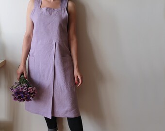 Linen Pottery Apron in XL size/ in Dusty Lilac/ Split leg cross back no-ties pinafore/ Full crossover/ Ready to ship