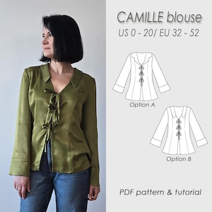 Peut inclure: Chemisier vert olive avec un col en V et une fermeture à nouer. Le haut à manches longues est porté avec un jean bleu. L'image comprend également un dessin au trait du chemisier et le texte "CAMILLE blouse US 0 - 20/ EU 32 - 52".