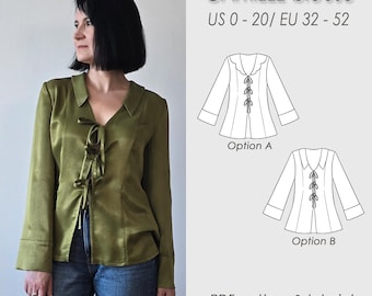 NEW! Front tie blouse sewing pattern/scalloped collar and long flared sleeve blouse PDF Digital for women/ CAMILLE