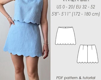 Mini skirt Sewing Pattern PDF/ A line scallop skirt/ Flared skirt Digital printable/ Height III 5&#39;8&#39;&#39; - 5&#39;11&#39;&#39;/ 172 - 180 cm/ VIVIEN skirt