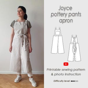 May include: A printable sewing pattern for a pottery pants apron, called the Joyce apron. The pattern includes a photo instruction guide and is rated easy to sew. The apron is shown on a model wearing a light beige linen apron.