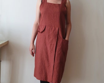 Linen Pottery Apron in XL size/ color Redwood/ Split leg cross back no-ties pinafore/ Full crossover/ Ready to ship