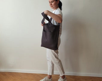 Utility linen shopping bag, reusable tote bag with pockets for market