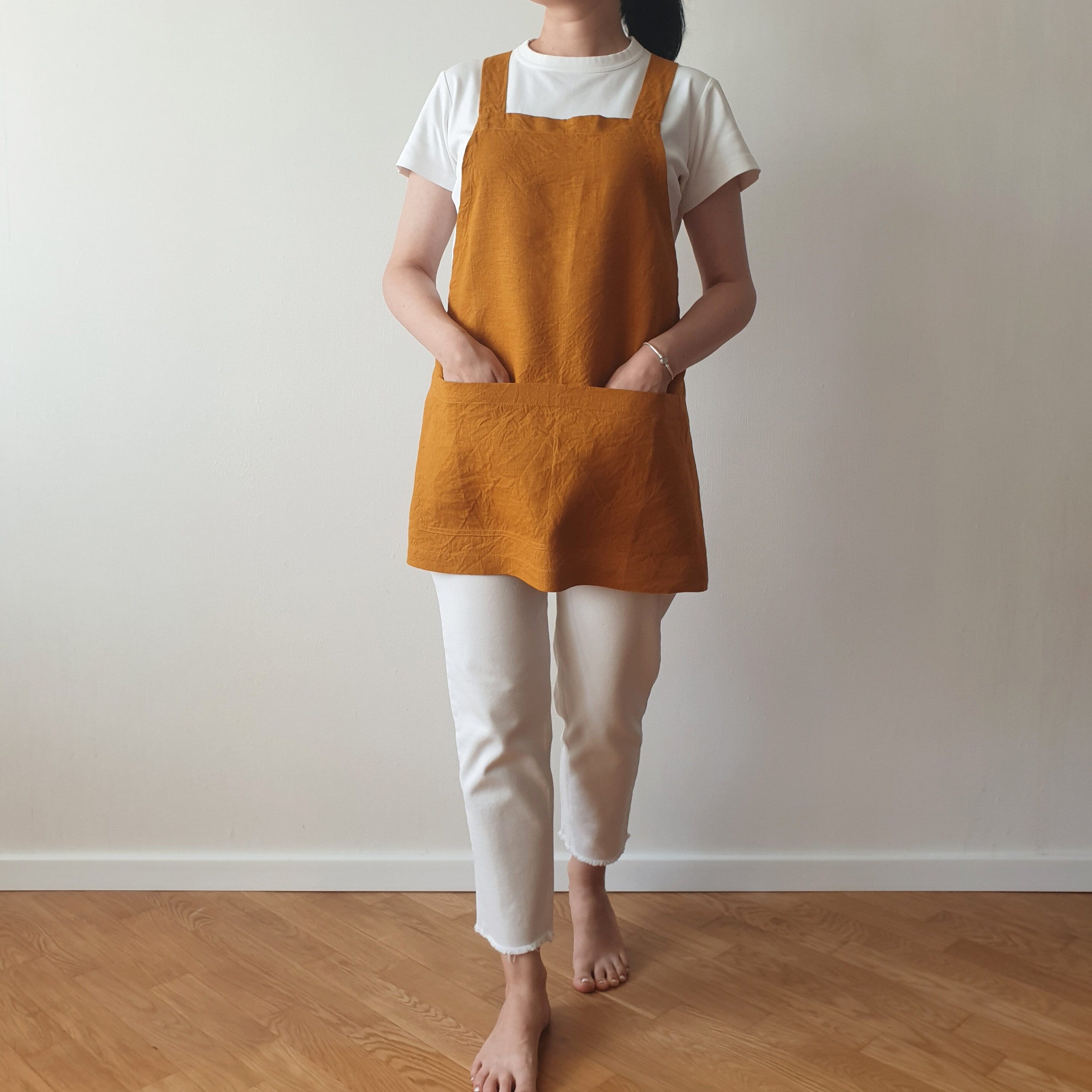 Short Linen Cross Back Apron/ Criss-cross Apron for Women/ No-ties  Pinafore/ Crossback Apron With Pockets/ Crossover Apron 