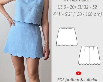 Mini skirt Sewing Pattern PDF/ A line scallop skirt/ Flared skirt Digital printable/ Height I 4'11'' - 5'3''/ 150 - 160 cm/ VIVIEN skirt