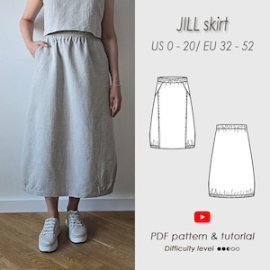 May include: A digital illustration of a skirt pattern with the text "JILL skirt" and "US 0-20/ EU 32-52". The illustration is accompanied by a photo of a person wearing a skirt made from the pattern. The text "PDF pattern & tutorial" and "Difficulty level ⚫⚫⚫oo" is also included.