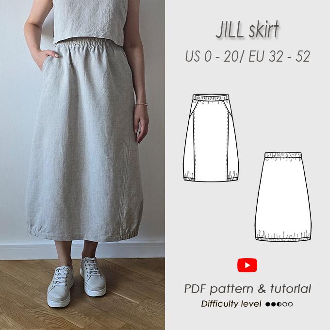 Midi skirt in 11 sizes Sewing Pattern/ Balloon gathered elastic waist skirt with slash pockets/ PDF Digital tutorial/ Easy to sew/ JILL