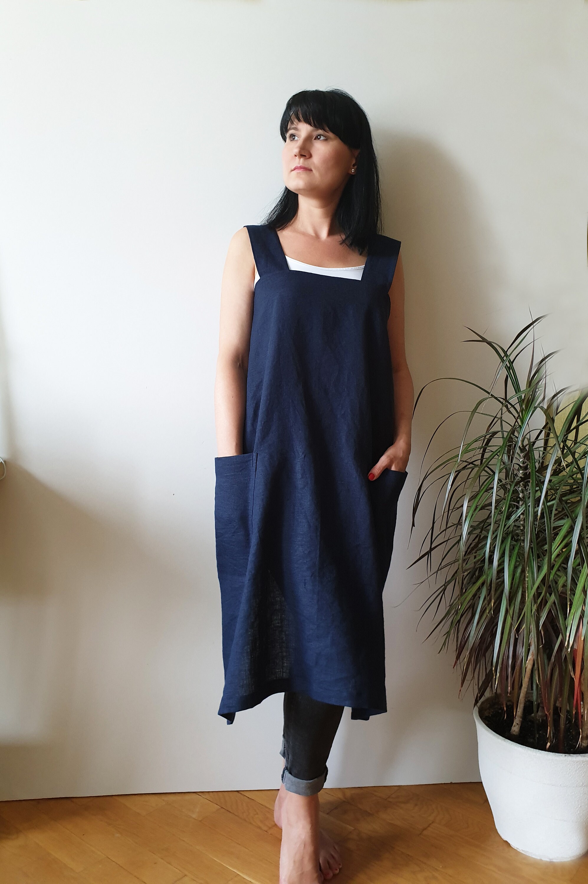 Long linen apron/ Dark Blue apron/ Japanese Apron/ No-ties | Etsy