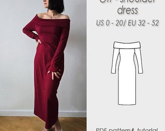 Off shoulder Dress Sewing Pattern/ Long sleeve maxi dress PDF Sewing Digital Pattern for women/ slim fit evening dress/ ANDREA