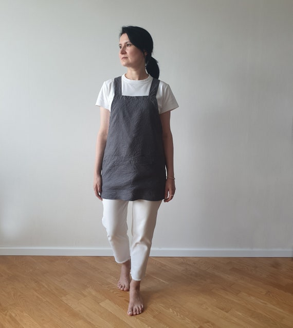 Short Linen Cross Back Apron/ Criss-cross Apron for Women/ No-ties