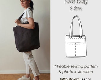 Patrón de costura para bolso de mano en PDF / Bolso de compras de lino utilitario para hombro con bolsillos / Tutorial de costura en descarga digital