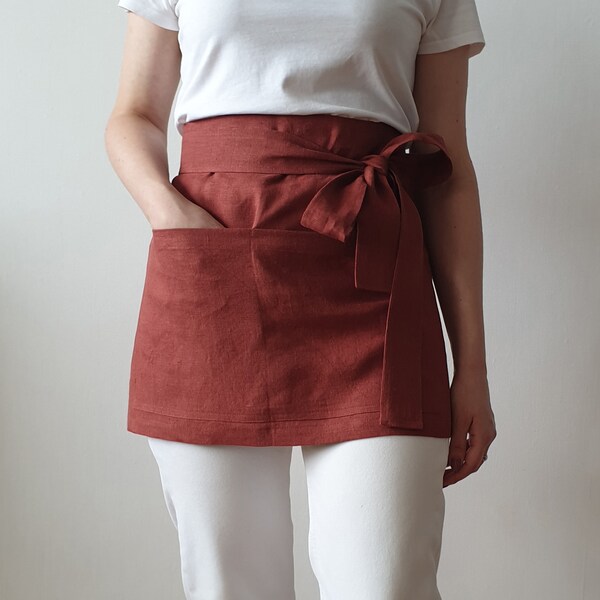 LINEN APRON with big bow, half apron, linen apron, cafe, wrap apron, flax pinafore, mini, with pockets, soft linen