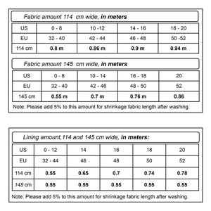 Puede incluir: Un gr&aacute;fico que muestra las cantidades de tela y forro en metros para diferentes tallas. El gr&aacute;fico incluye tallas US y EU, ancho de tela en cent&iacute;metros y cantidades de tela y forro correspondientes en metros. Nota: Por favor, agregue un 5% a esta cantidad para la longitud de la tela despu&eacute;s del lavado.