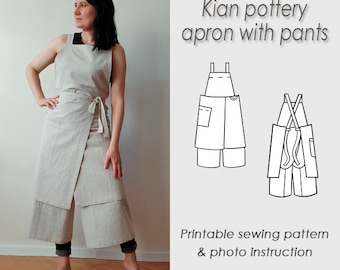 Pottery Apron with pants/Sewing Pattern/ potter's Split leg /Cross back pinafore PDF/ No-ties apron /Sewing tutorial/ KIAN