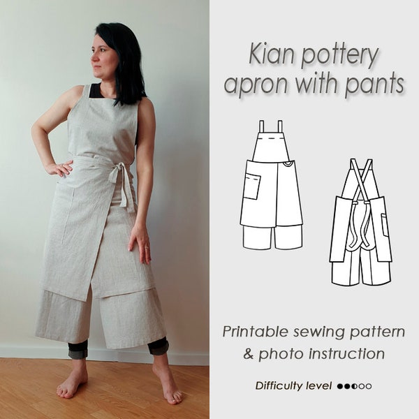 Pottery Apron with pants/Sewing Pattern/ potter's Split leg /Cross back pinafore PDF/ No-ties apron /Sewing tutorial/ KIAN
