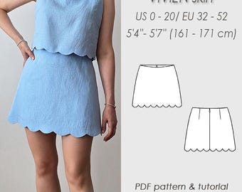 Mini skirt Sewing Pattern PDF/ A line scallop skirt/ Flared skirt Digital printable/ Height II 5&#39;4&#39;&#39; - 5&#39;7&#39;&#39;/ 161 - 171 cm/ VIVIEN skirt