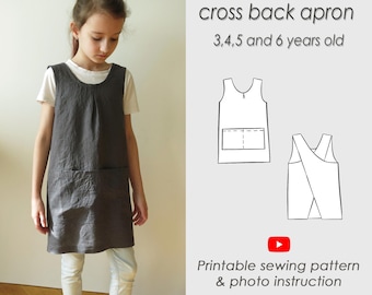 Sewing pattern for cross back apron with a front pocket. Kids apron for 3-6 years child/ Japanese pinafore PDF/ GRACE kids apron