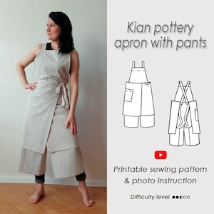 Pottery Apron with pants/Sewing Pattern/ potter's Split leg /Cross back pinafore PDF/ No-ties apron /Sewing tutorial/ KIAN