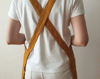 LINEN no ties APRON/ cross back apron for women/ japanese style/ flax pinafore/ with pockets/ short apron/ soft linen