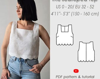 Scallop crop top Sewing Pattern/ basic tank top PDF Digital Pattern for women/Height I 4'11'' - 5'3''/ 150 - 160 cm/ IRIS crop top