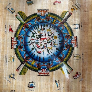 May include: Aged papyrus scroll featuring a colorful zodiac wheel design. The central circle depicts figures and symbols, surrounded by the zodiac signs in English. The scroll has a light brown background with the text "A&M" in the lower left corner.