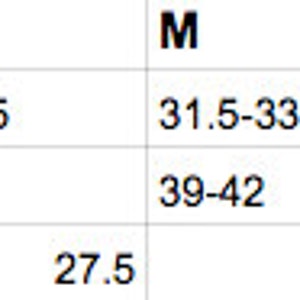 May include: Size chart for clothing with measurements in inches for waist, hips, and inseam. Sizes include XS, S, M, L, and XL.