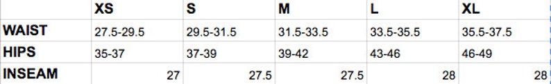 May include: Size chart for clothing with measurements in inches for waist, hips, and inseam. Sizes include XS, S, M, L, and XL.