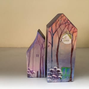 Doors in the Mist. Mystical small painted wooden house duo. see measurements. folk art cottages Manygardenspirits original sold together
