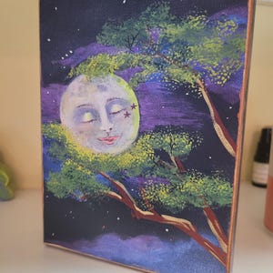 Sleeping Luna Original moon painting.  Not a print. Acrylic small  8 by,6 inch wall or shelf sitter. clouds, stars, by Manygardenspirits