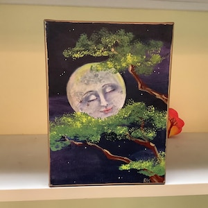 Luna resting in tree tops moon painting.  Not a print. Acrylic small  8 by,6 inch wall or shelf sitter. clouds, stars, Manygardenspirits