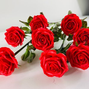 May include: A bouquet of seven red roses with green leaves and stems.
