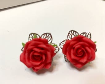 CLAY ROSE EARRINGS, Romantic Earrings, Statement Designer Earrings, Hand Crafted Polymer Clay Rose Earrings 1st Anniversary Gift