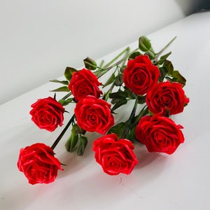 May include: A bouquet of eight red roses with green stems and leaves.