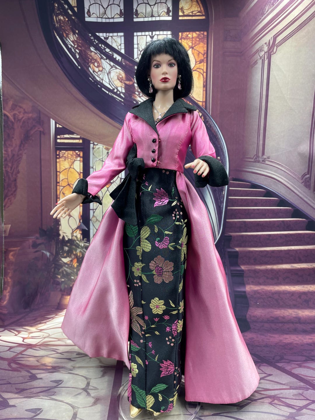 Grace Fitzpatrick Ratoath Grace Fitzpatrick Doll Gown and Long Sleeve Overcoat: Black Floral ...