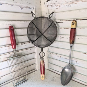 Lot of Vintage Chippy Red Wood Handled Kitchen Utensils MCM Old Country Style