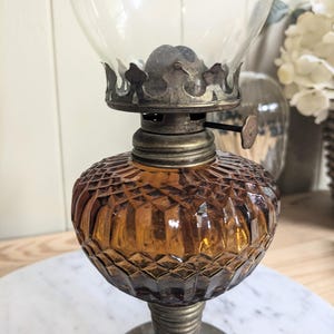 Vintage Amber Glass Base Mini Oil Hurricane Lamp