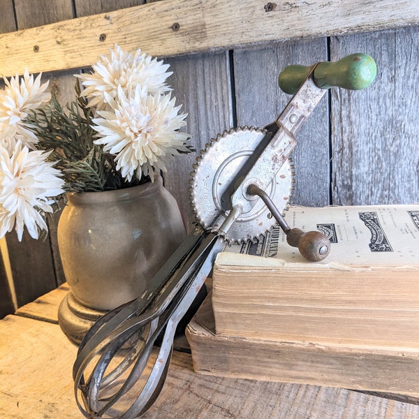 Vintage Egg Beater with Chippy Green Wood Handle