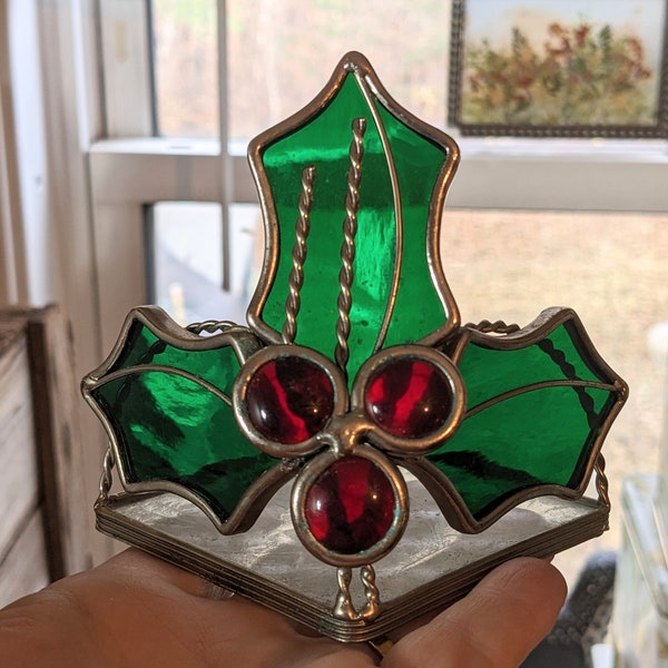 Vintage Leaded Glass ~ Stained Glass ~ Holly & Berries Candle Holder