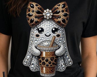 Boujee Bling Halloween Sublimation PNG DTF Ghost Holding Iced Coffee Faux Rhinestones