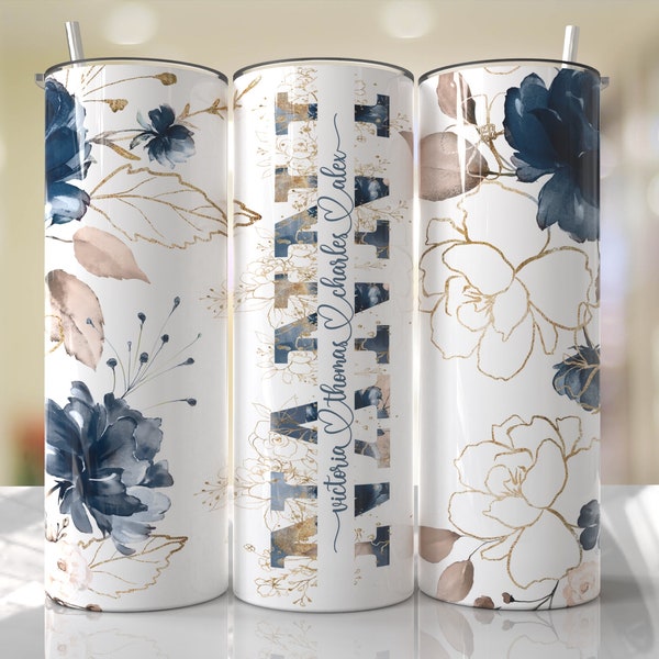 Mother's Day NANNI Tumbler Wrap PNG Add Kids Names Blue Floral Tumbler Seamless Sublimation Designs Downloads - Skinny 20oz Design - 2022