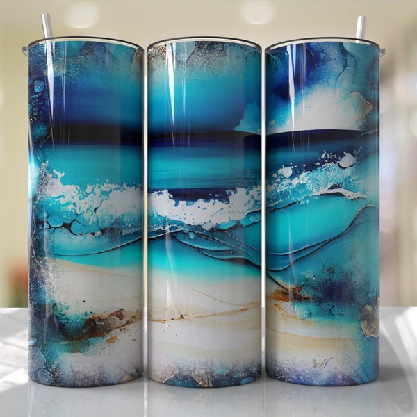 Beach Tumbler Wrap Blue Agate Alcohol Ink Glitter Gold Sublimation Seamless Designs - Skinny Tumbler 20oz Design - PNG 2023