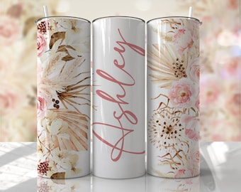Envoltura para vaso con diseño floral bohemio con sublimación de nombre. Personaliza tus diseños y añade tu propio texto. Descargas sin costuras. Diseño de vaso delgado de 20 oz - PNG.