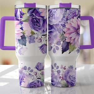 Violeta Roxo Floral 40oz Quencher Tumbler Wrap - Seamless PNG Tumbler Design Sublimation Designs Downloads - PNG