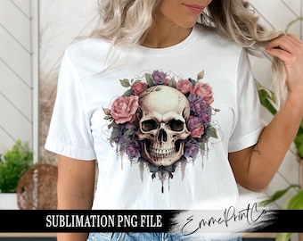 May include: Sublimation design featuring a white skull with pink and purple roses. The skull has a detailed design with a dripping effect. The design is perfect for creating custom apparel, home decor, and more.