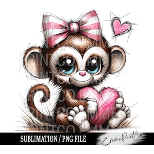 Könnte beinhalten: Ein Cartoon-Affe mit großen blauen Augen und einer rosa Schleife, der ein rosa Herz hält. Der Affe ist in einem skizzenhaften Stil mit weißem Hintergrund gezeichnet.